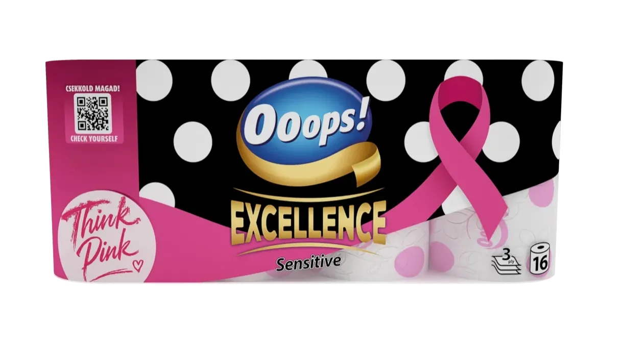 Ooops! Excellence Sensitive Think Pink! kiadású toalettpapír 16 tekercses csomagja
