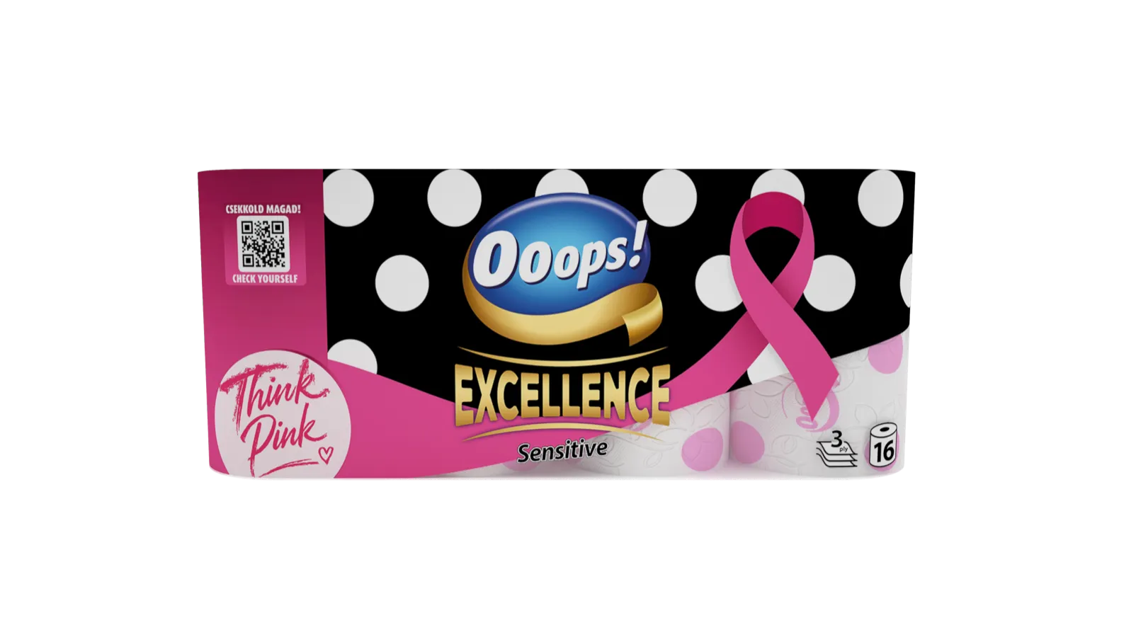 Ooops! Excellence Sensitive Think Pink! kiadású toalettpapír 16 tekercses csomagja